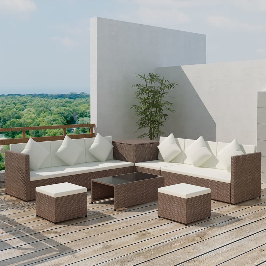 8 Piece Garden Lounge Set with Cushions Poly Rattan Brown