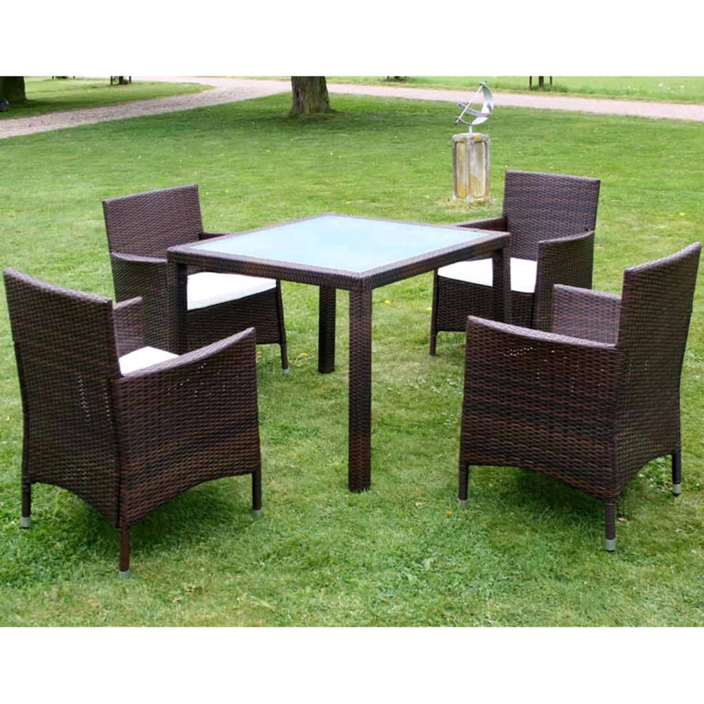 5 Piece Outdoor Dining Set with Cushions Poly Rattan Brown