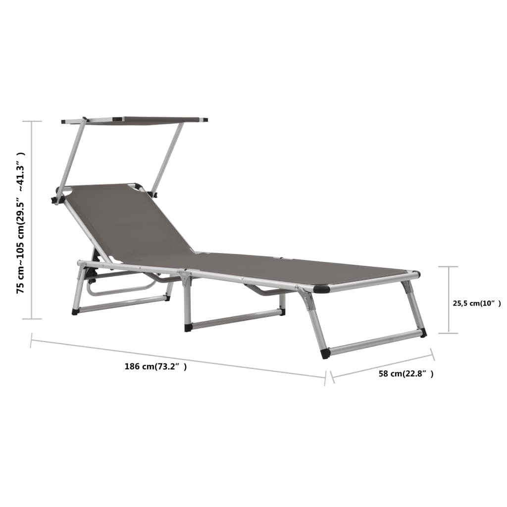 Folding Sun Lounger with Roof Aluminium and Textilene Grey