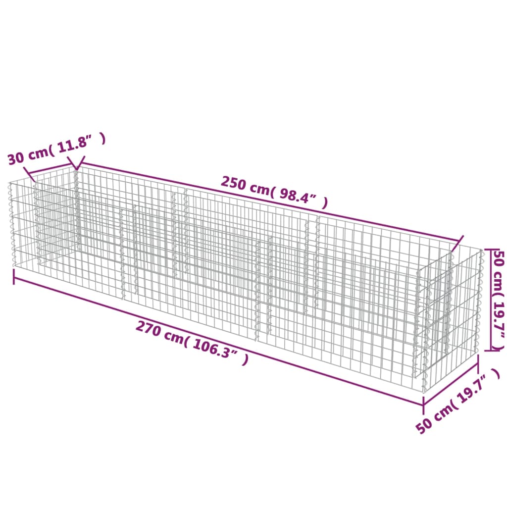 Gabion Raised Bed Galvanised Steel 270x50x50 cm