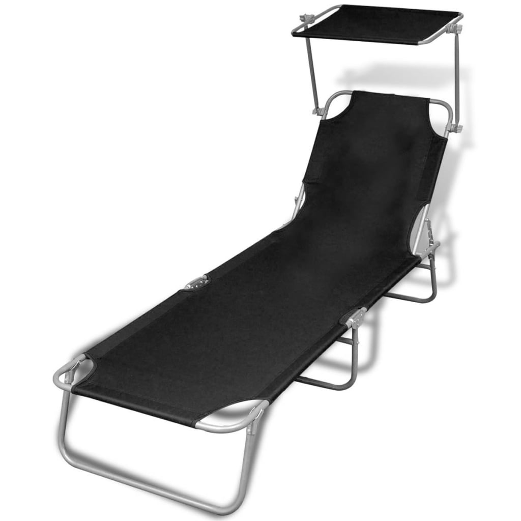 Folding Sun Lounger with Canopy Steel and Fabric Black