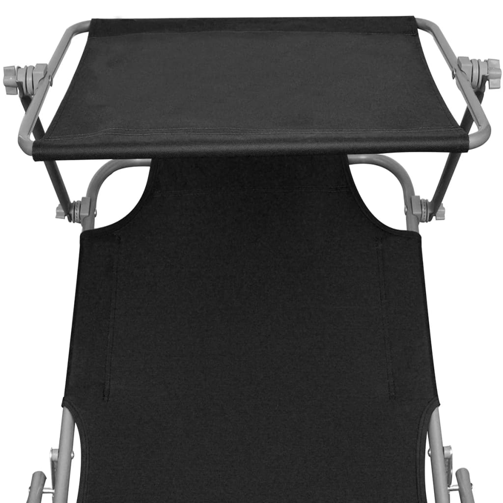 Folding Sun Lounger with Canopy Steel and Fabric Black