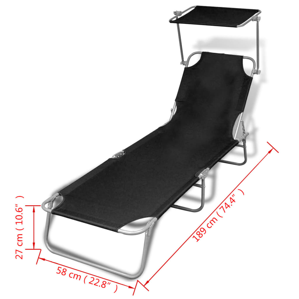 Folding Sun Lounger with Canopy Steel and Fabric Black