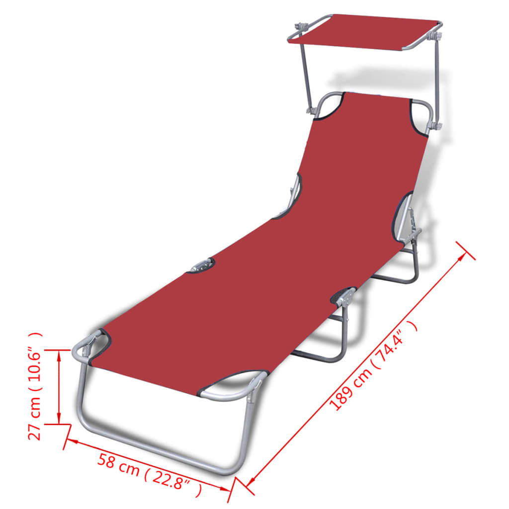 Folding Sun Lounger with Canopy Steel and Fabric Red