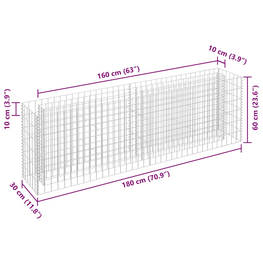 Gabion Raised Bed Galvanised Steel 180x30x60 cm