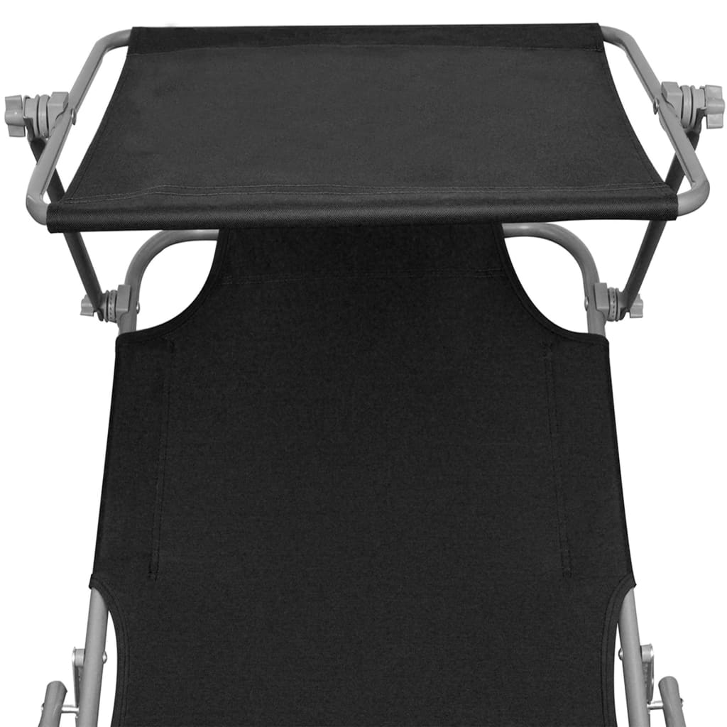 Folding Sun Lounger with Canopy Black Aluminium