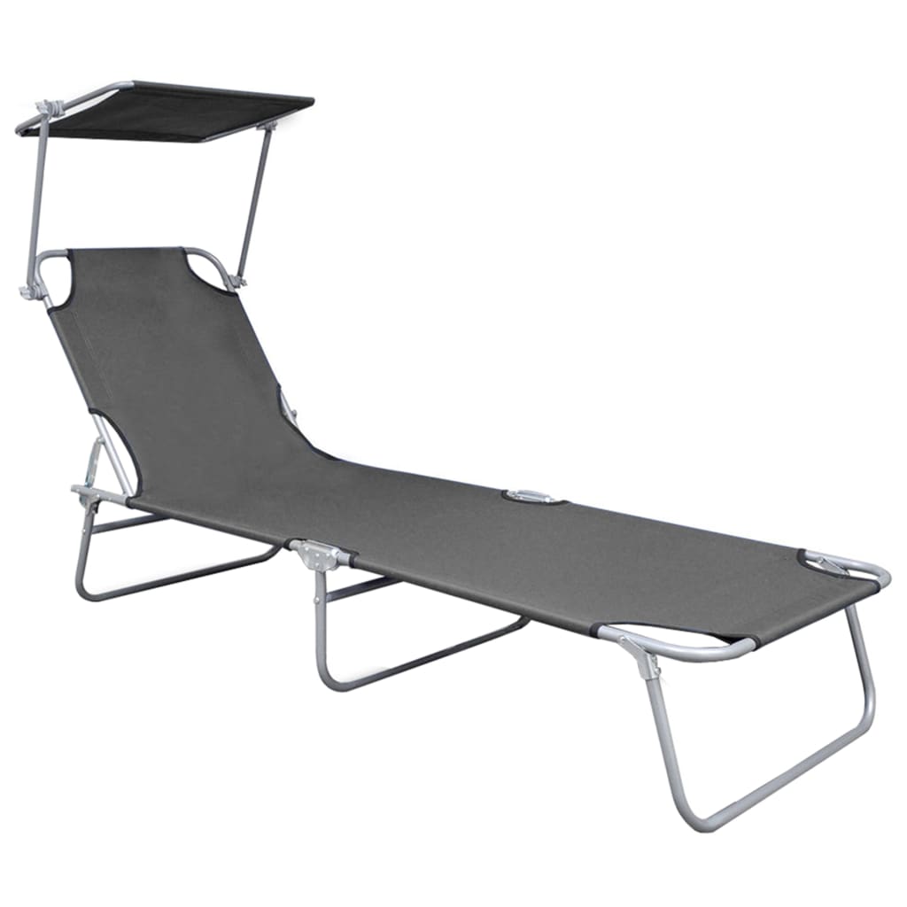 Folding Sun Lounger with Canopy Grey Aluminium