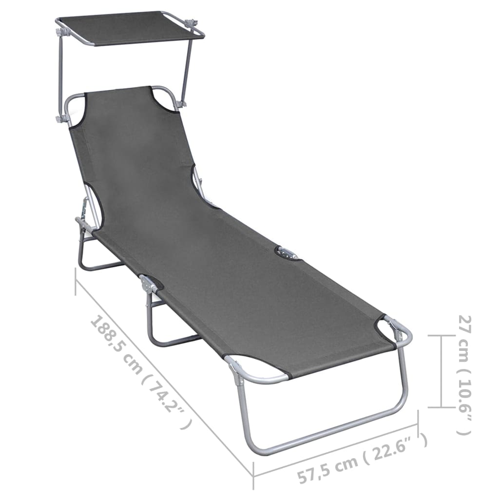 Folding Sun Lounger with Canopy Grey Aluminium