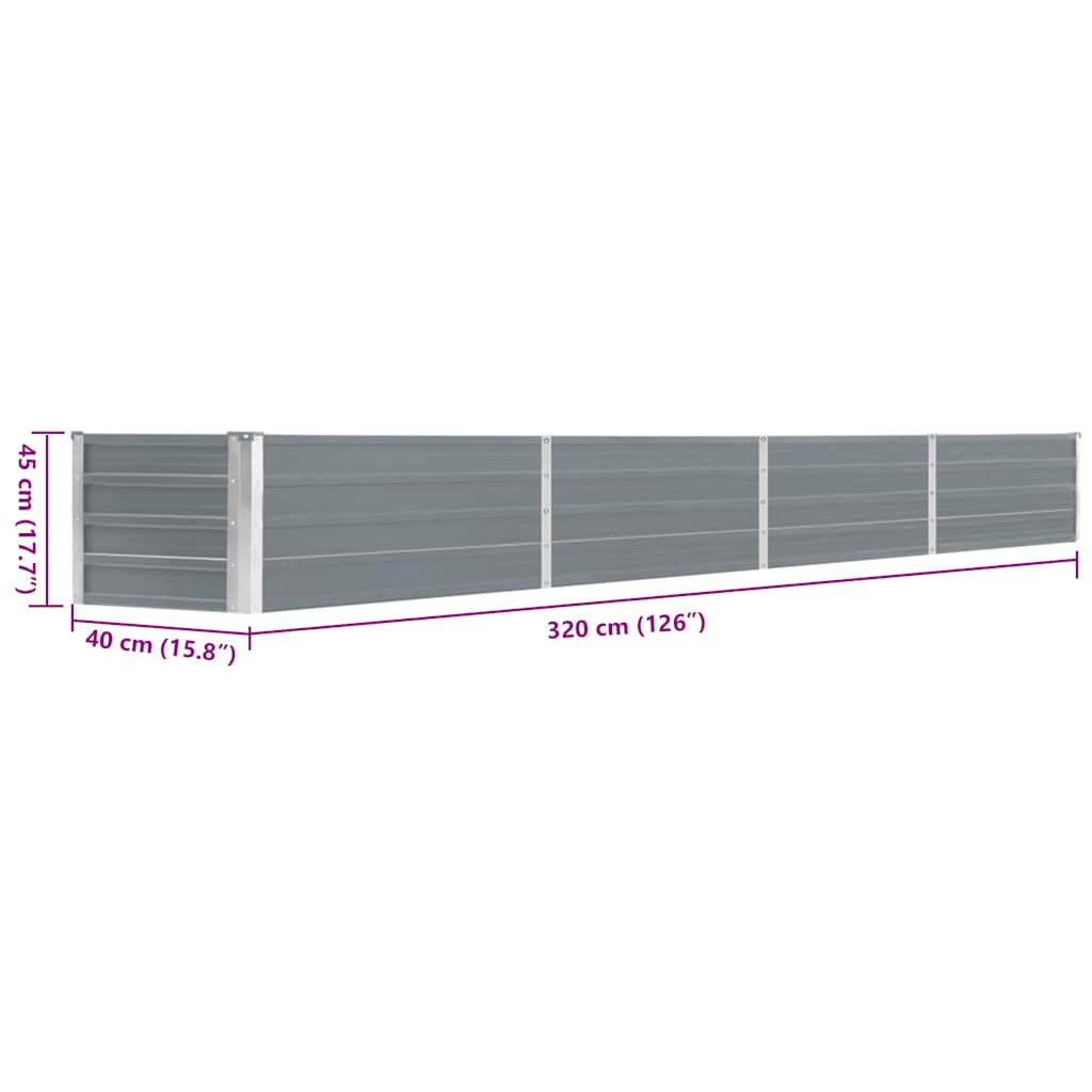 Garden Raised Bed Galvanised Steel 320x40x45 cm Grey