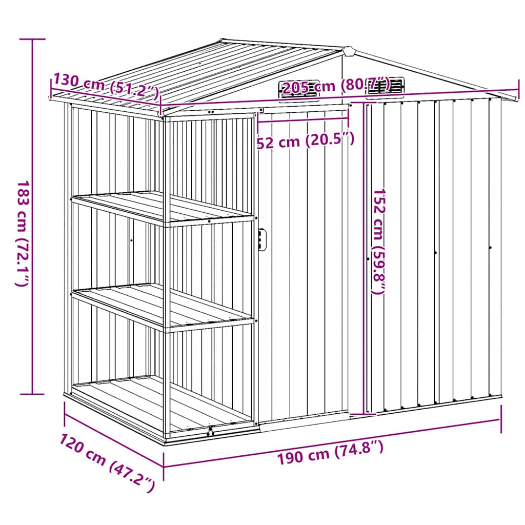 Garden Shed with Rack Brown 205x130x183 cm Iron