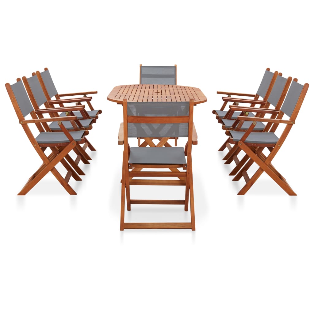 9 Piece Outdoor Dining Set Grey Solid Eucalyptus Wood and Textilene