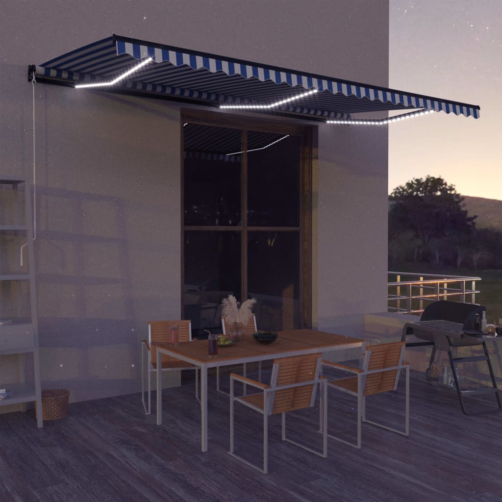 Manual Retractable Awning with LED 600x300 cm Blue and White