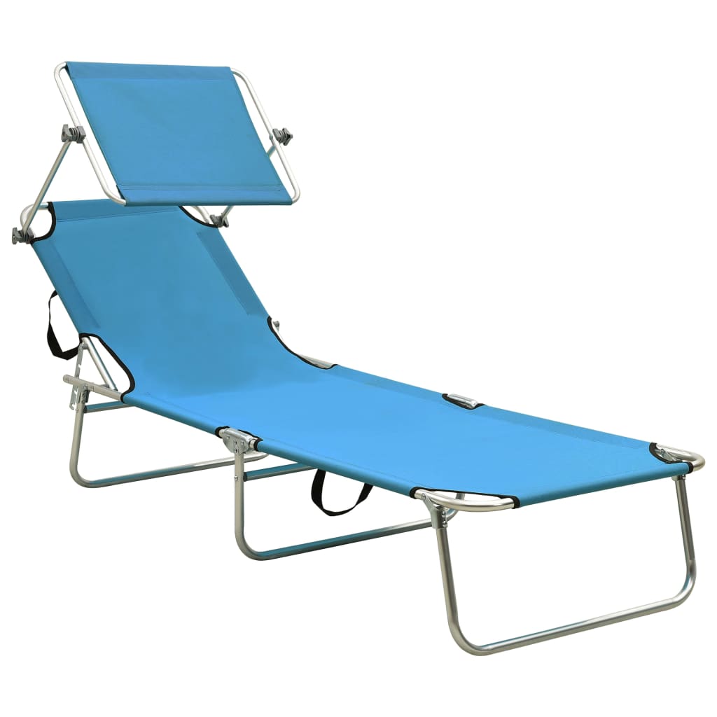 Folding Sun Lounger with Canopy Steel Turquoise and Blue