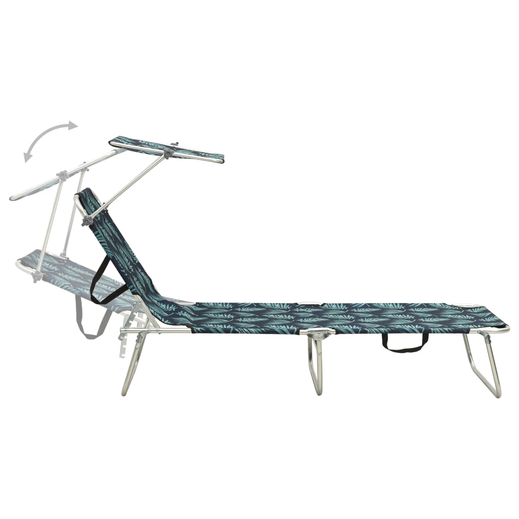 Folding Sun Lounger with Canopy Leaf Print Aluminium