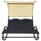 Double Sun Lounger with Canopy Textilene Black and Cream