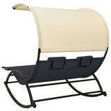 Double Sun Lounger with Canopy Textilene Black and Cream