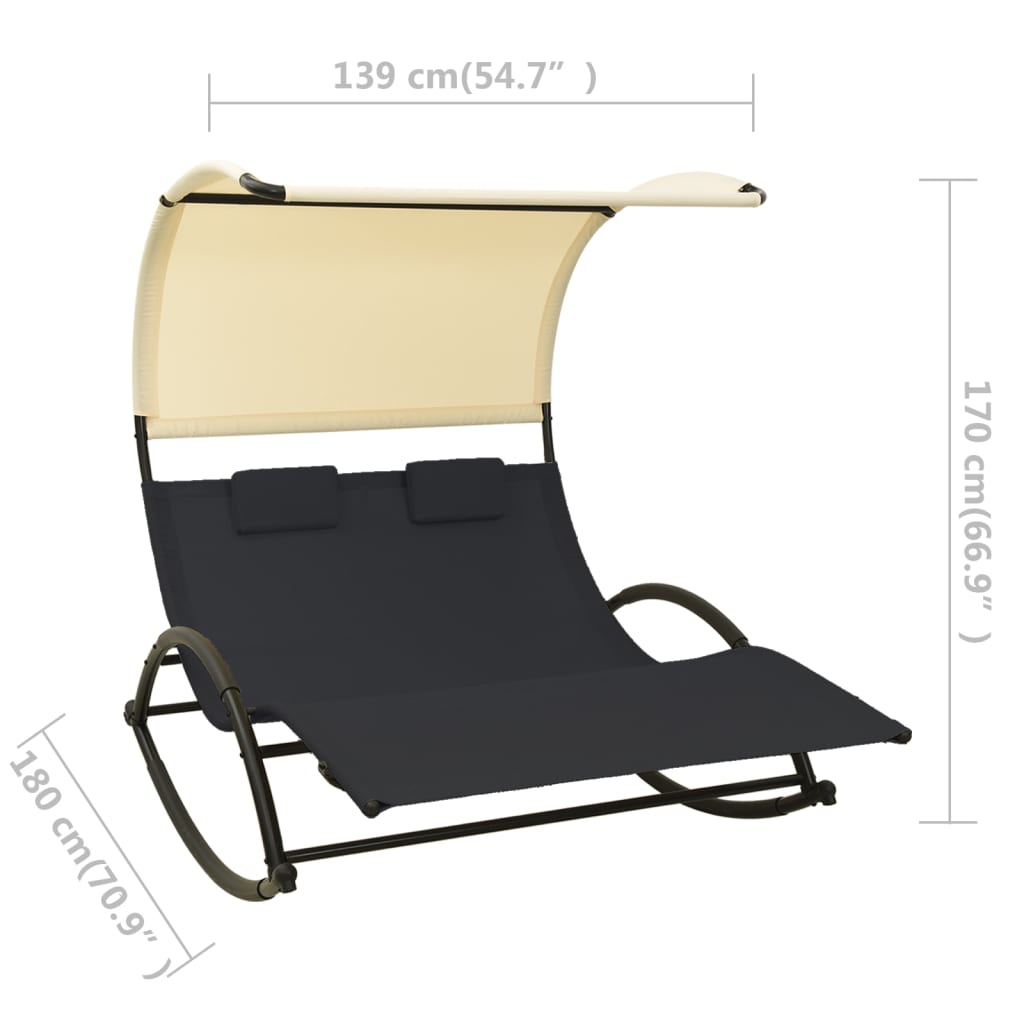 Double Sun Lounger with Canopy Textilene Black and Cream