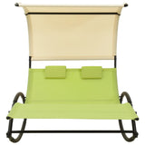 Double Sun Lounger with Canopy Textilene Green and Cream