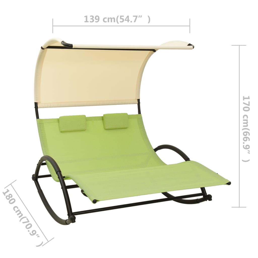 Double Sun Lounger with Canopy Textilene Green and Cream