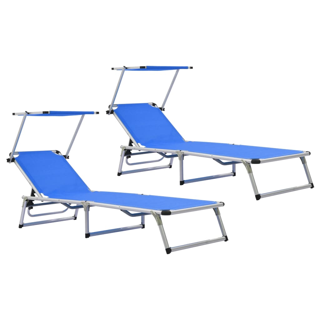 Folding Sun Loungers with Roof 2 pcs Aluminium&Textilene Blue