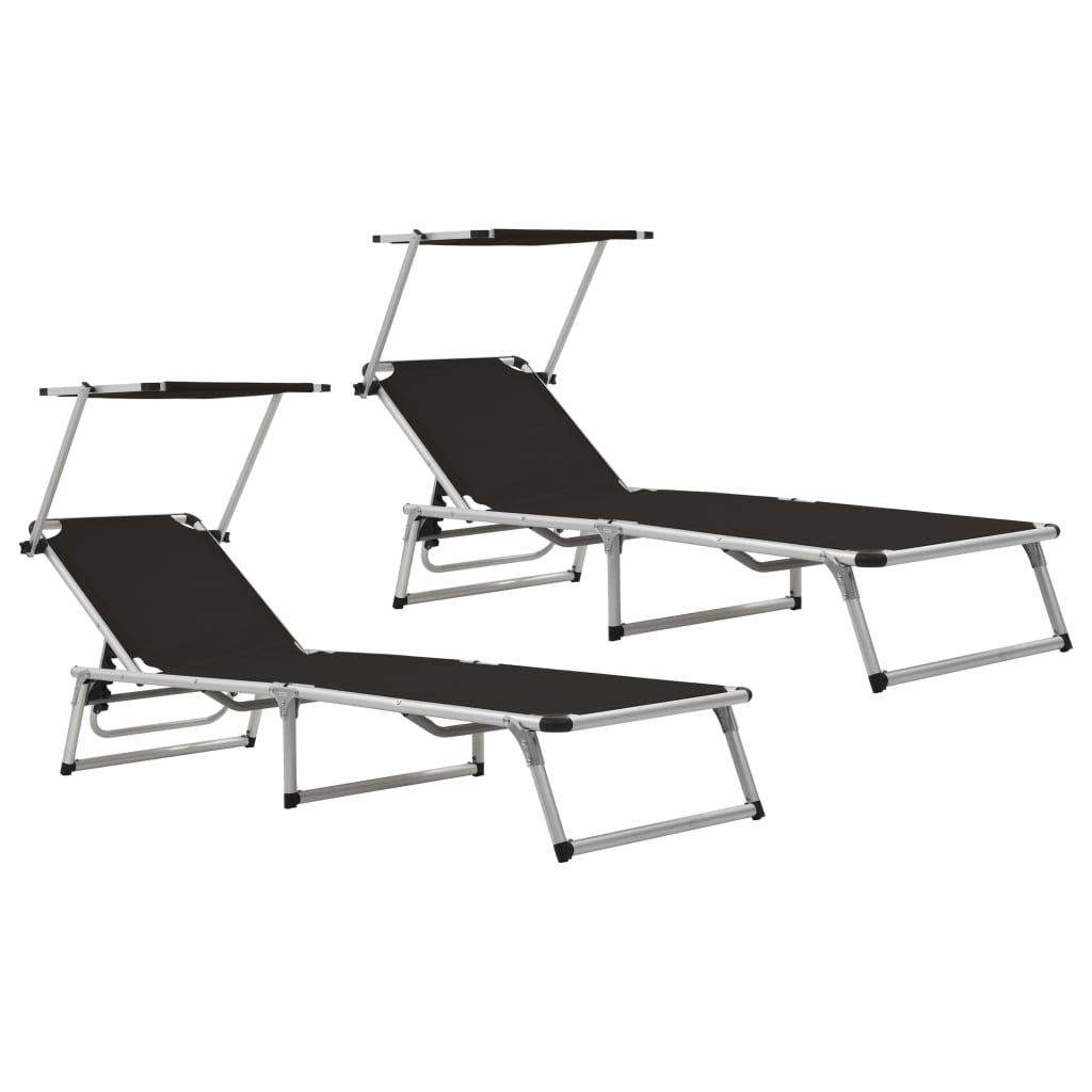 Folding Sun Loungers with Roof 2 pcs Aluminium&Textilene Black