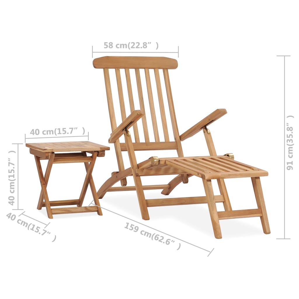 Garden Deck Chair with Footrest and Table Solid Teak Wood