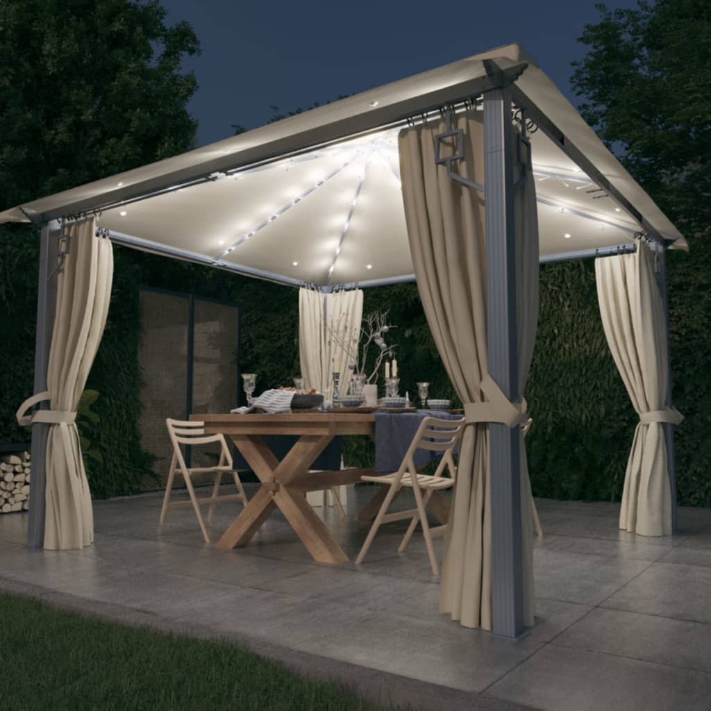 Gazebo with Curtain&LED String Lights 3x3 m Cream Aluminium