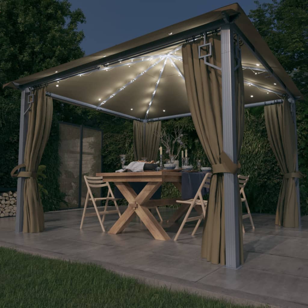 Gazebo with Curtain&LED String Lights 3x3 m Taupe Aluminium