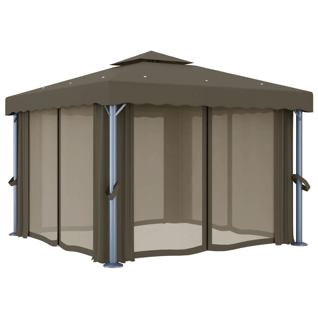 Gazebo with Curtain&LED String Lights 3x3 m Taupe