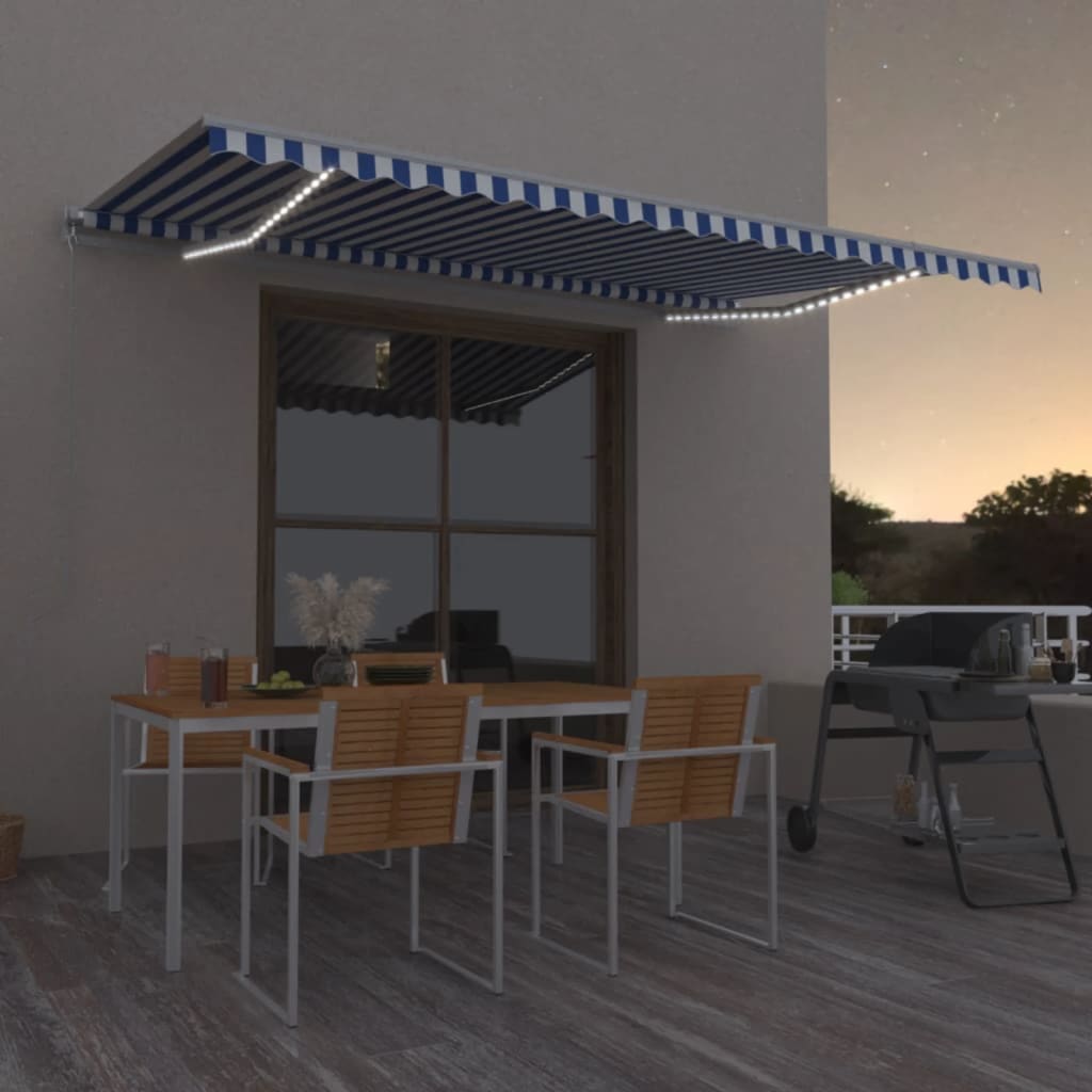 Manual Retractable Awning with LED 500x350 cm Blue and White