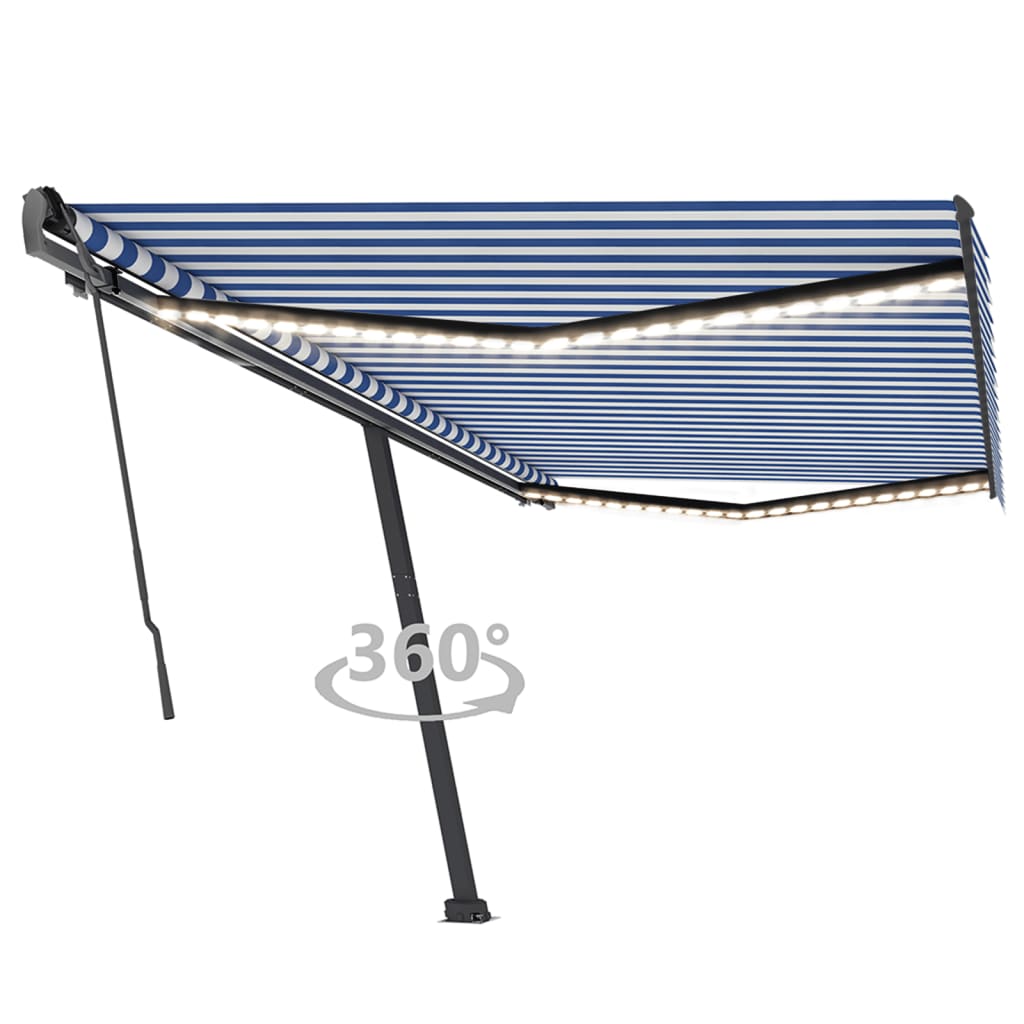 Manual Retractable Awning with LED 500x350 cm Blue and White