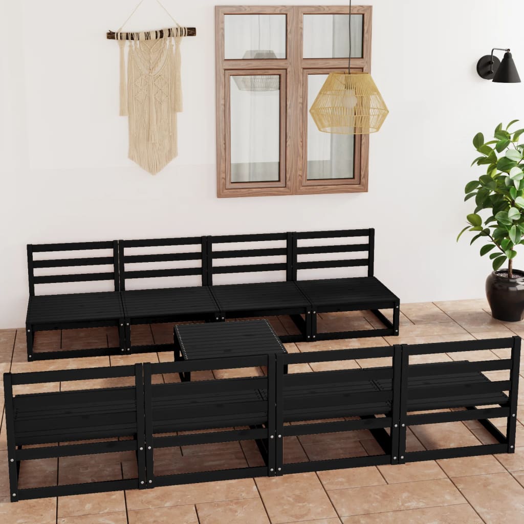 9 Piece Garden Lounge Set Black Solid Pinewood