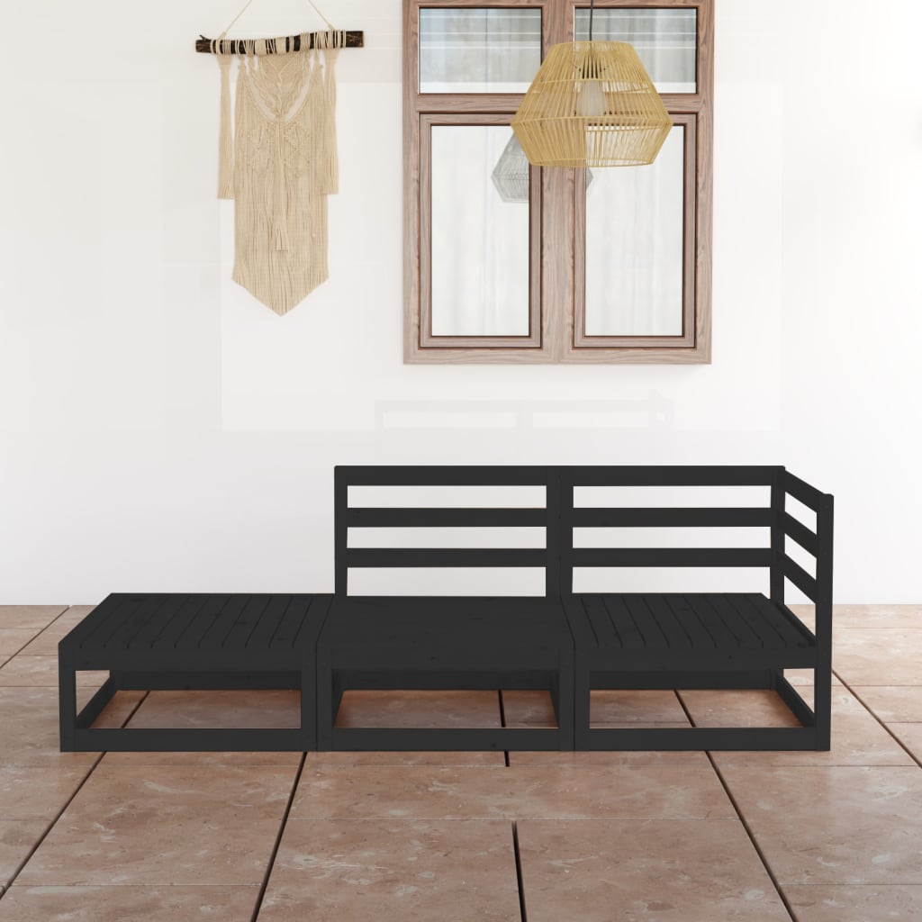 3 Piece Garden Lounge Set Black Solid Pinewood