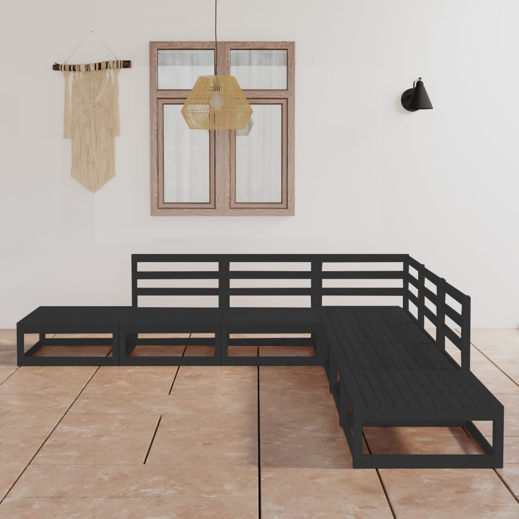 7 Piece Garden Lounge Set Black Solid Wood Pine
