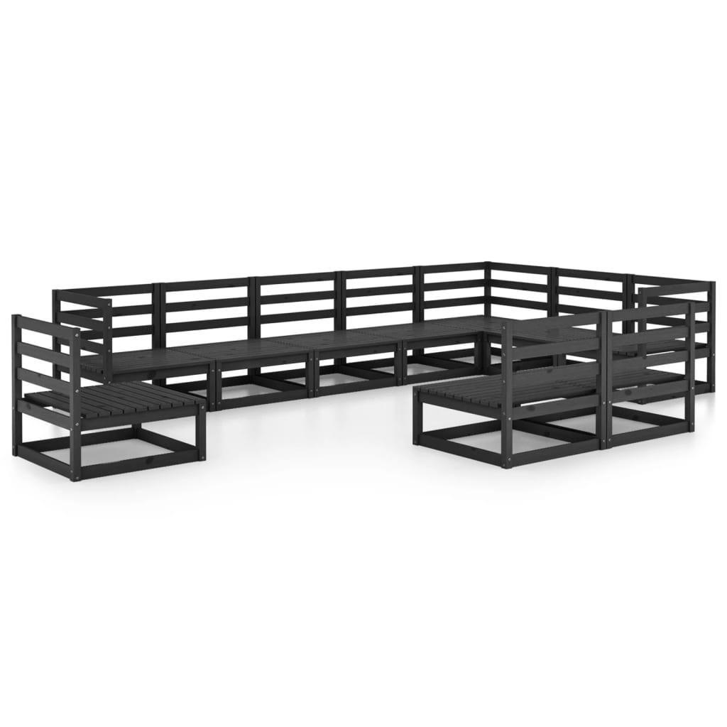 10 Piece Garden Lounge Set Black Solid Pinewood