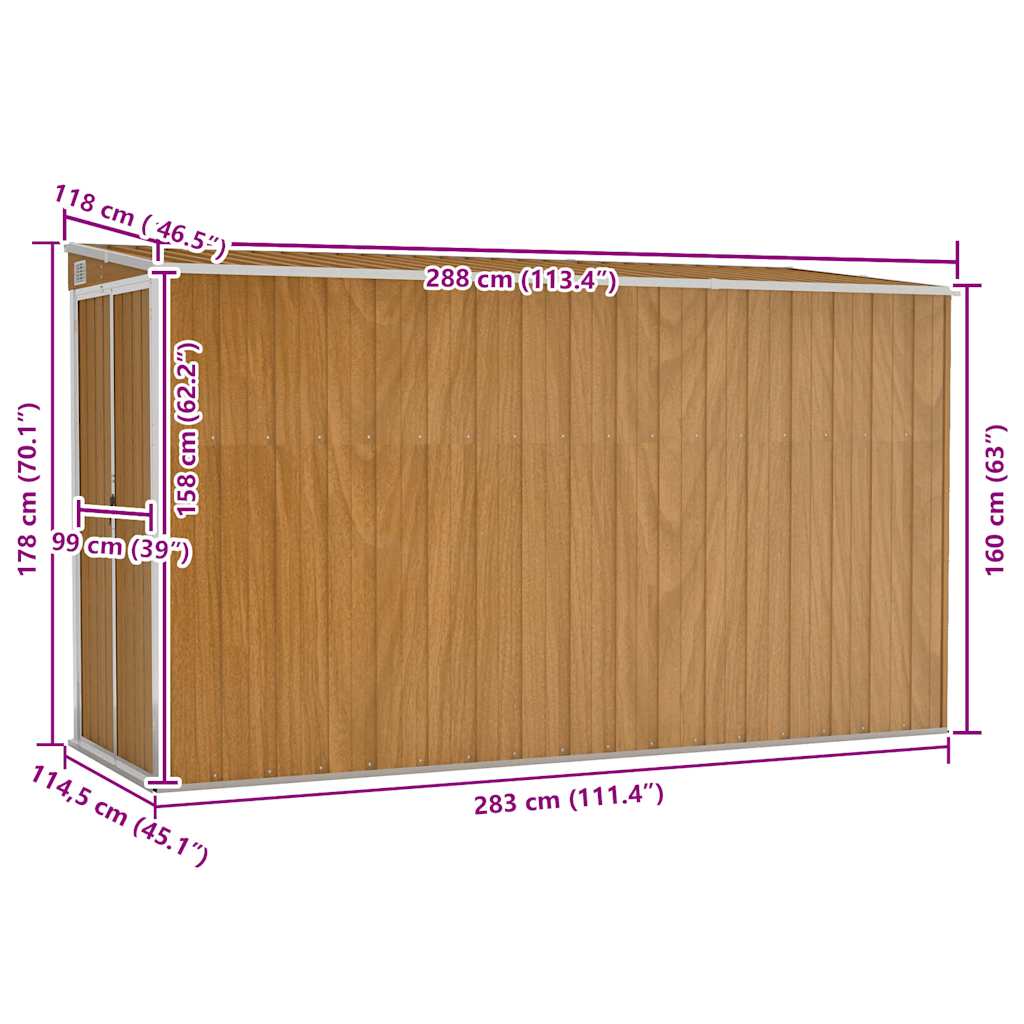 Wall-mounted Garden Shed Brown 118x288x178 cm Galvanised Steel