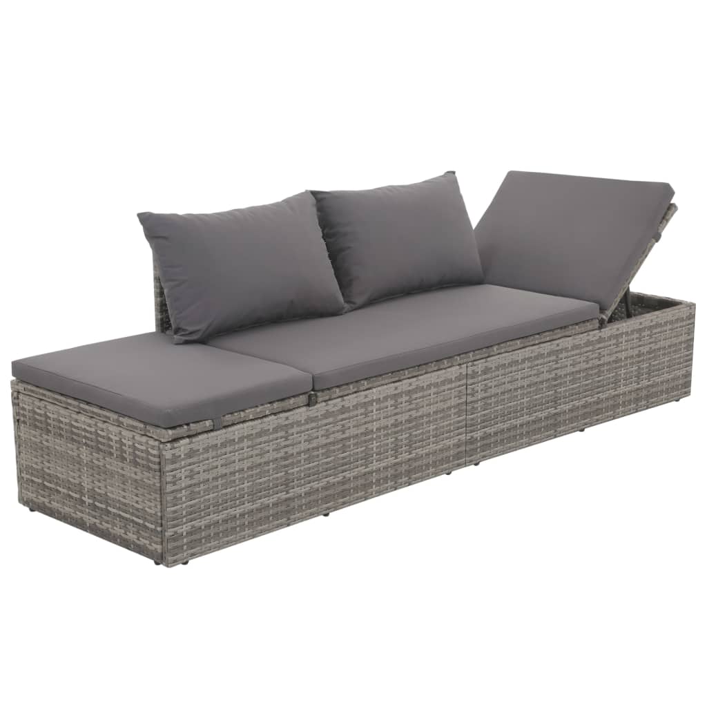 Outdoor Lounge Bed with Cushion & Pillows Poly Rattan Grey