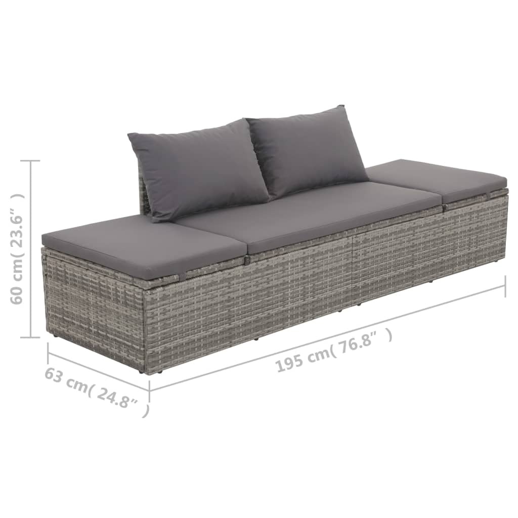 Outdoor Lounge Bed with Cushion & Pillows Poly Rattan Grey