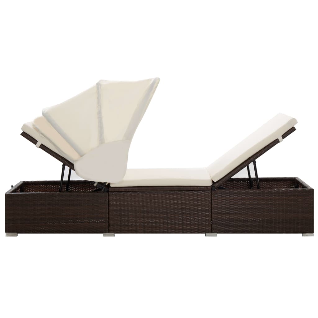 Sun Lounger with Canopy and Cushion Poly Rattan Brown