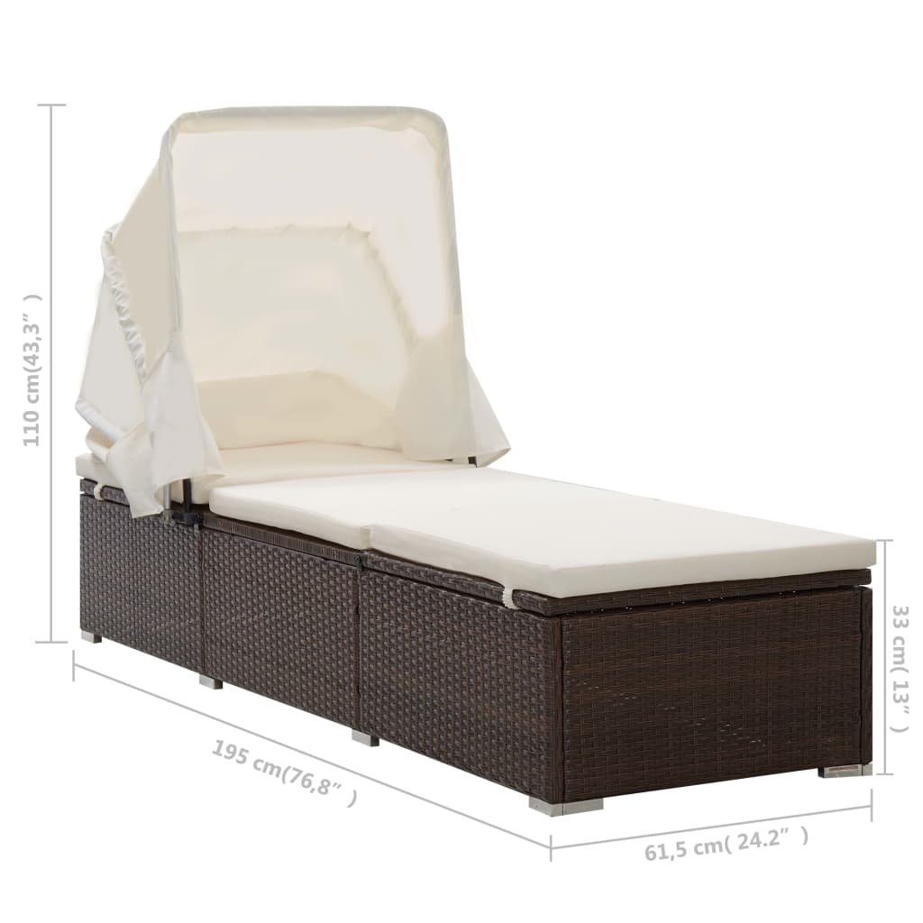 Sun Lounger with Canopy and Cushion Poly Rattan Brown