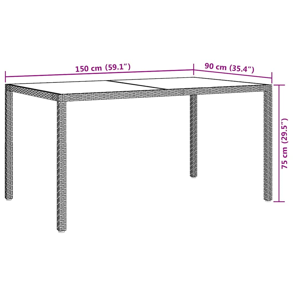 Garden Table 150x90x75 cm Tempered Glass and Poly Rattan Brown