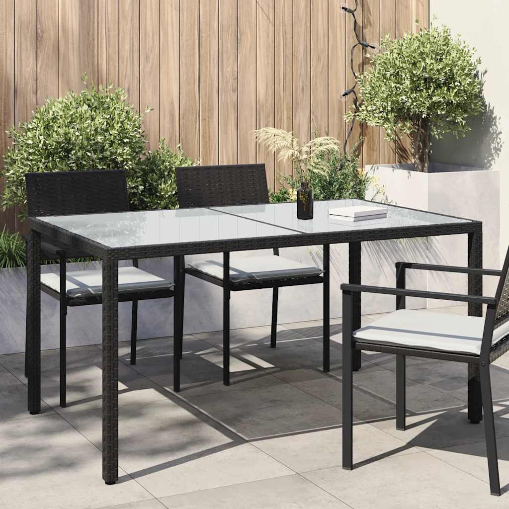 Garden Table 150x90x75 cm Tempered Glass and Poly Rattan Black