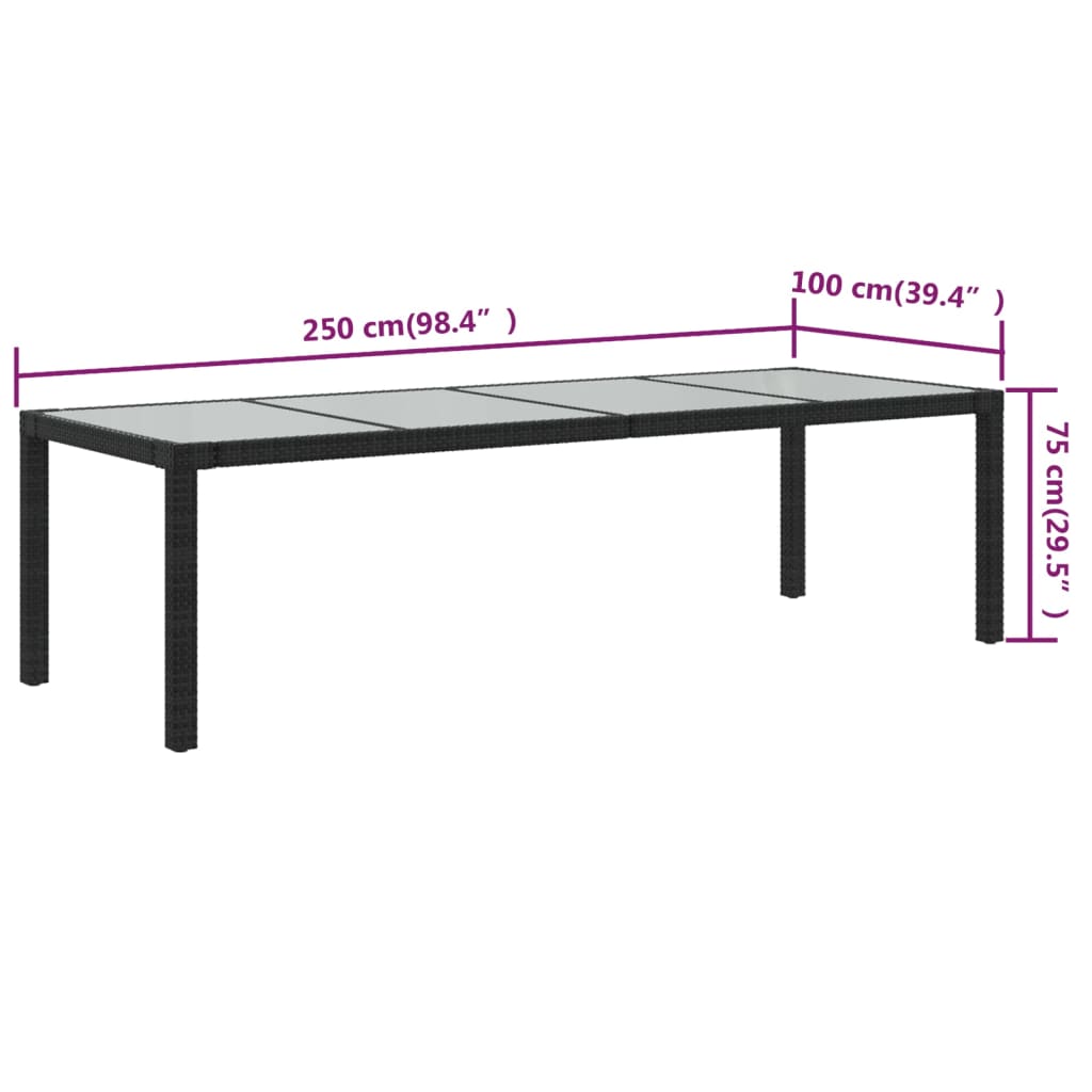 Garden Table Black 250x100x75 cm Tempered Glass and Poly Rattan