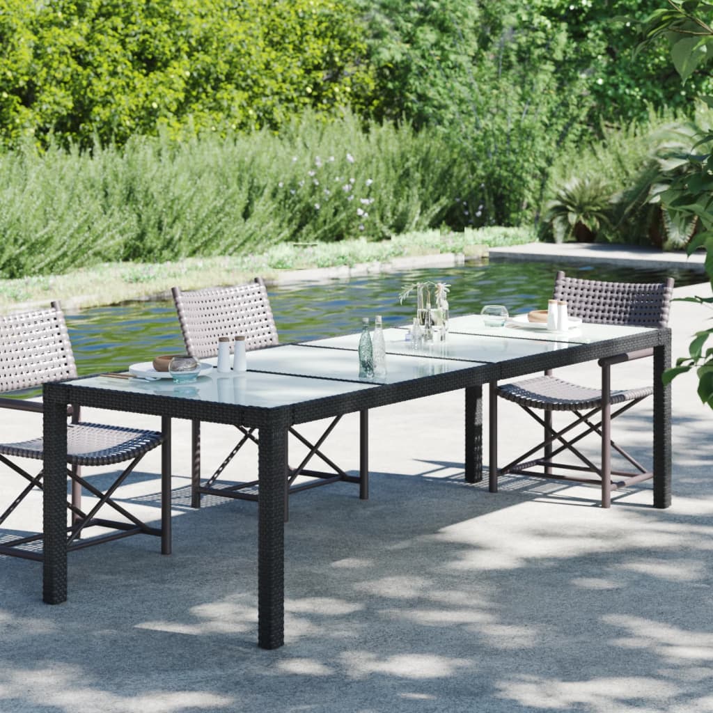 Garden Table Black 250x100x75 cm Tempered Glass and Poly Rattan