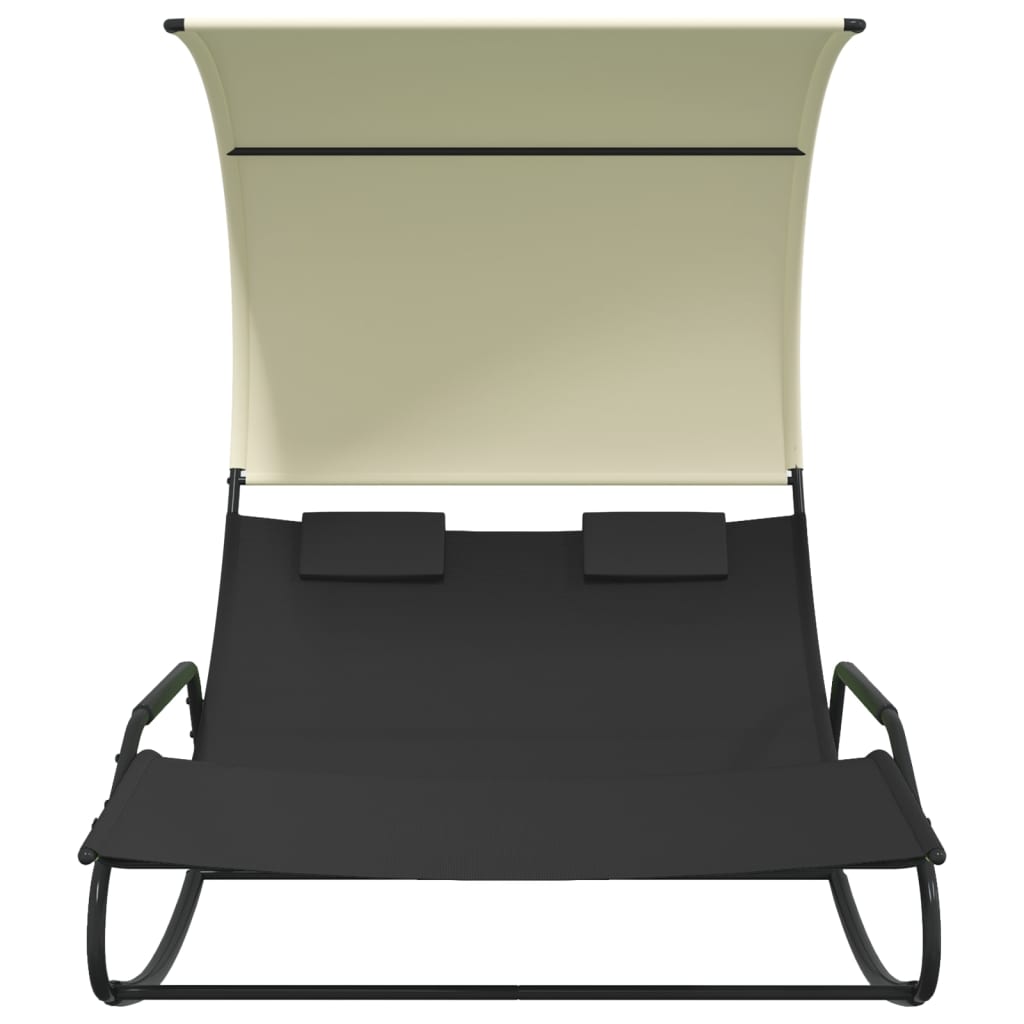 Rocking Double Sun Lounger with Canopy Black and Cream