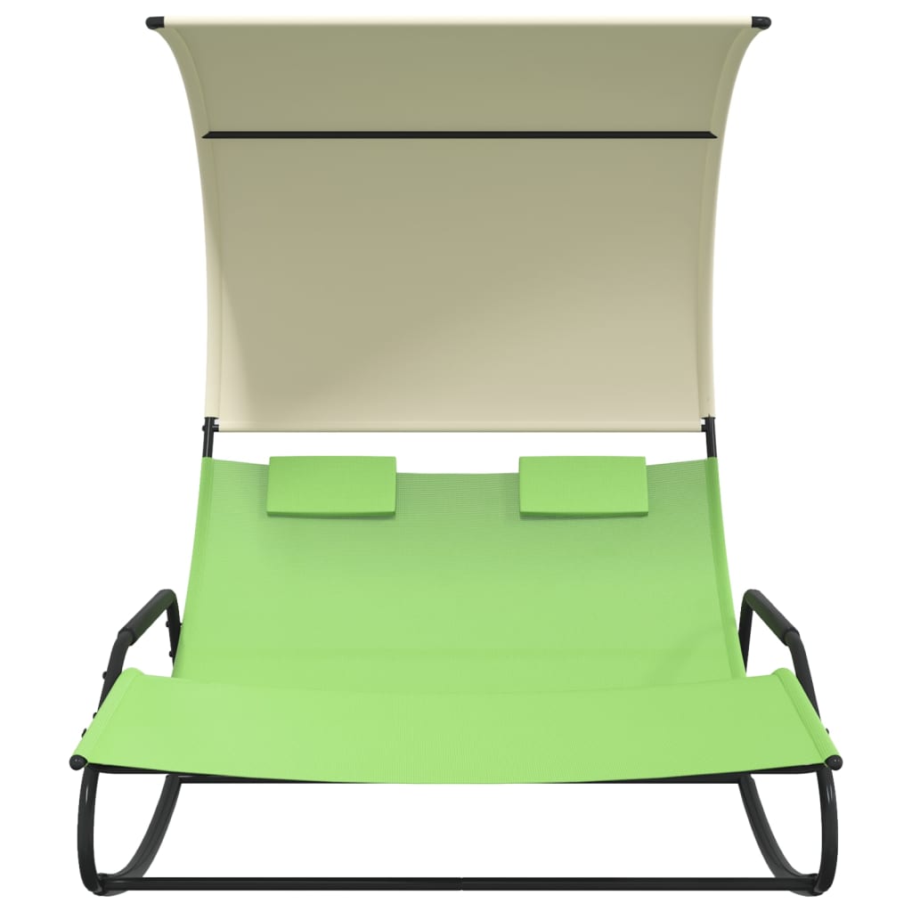 Rocking Double Sun Lounger with Canopy Green and Cream