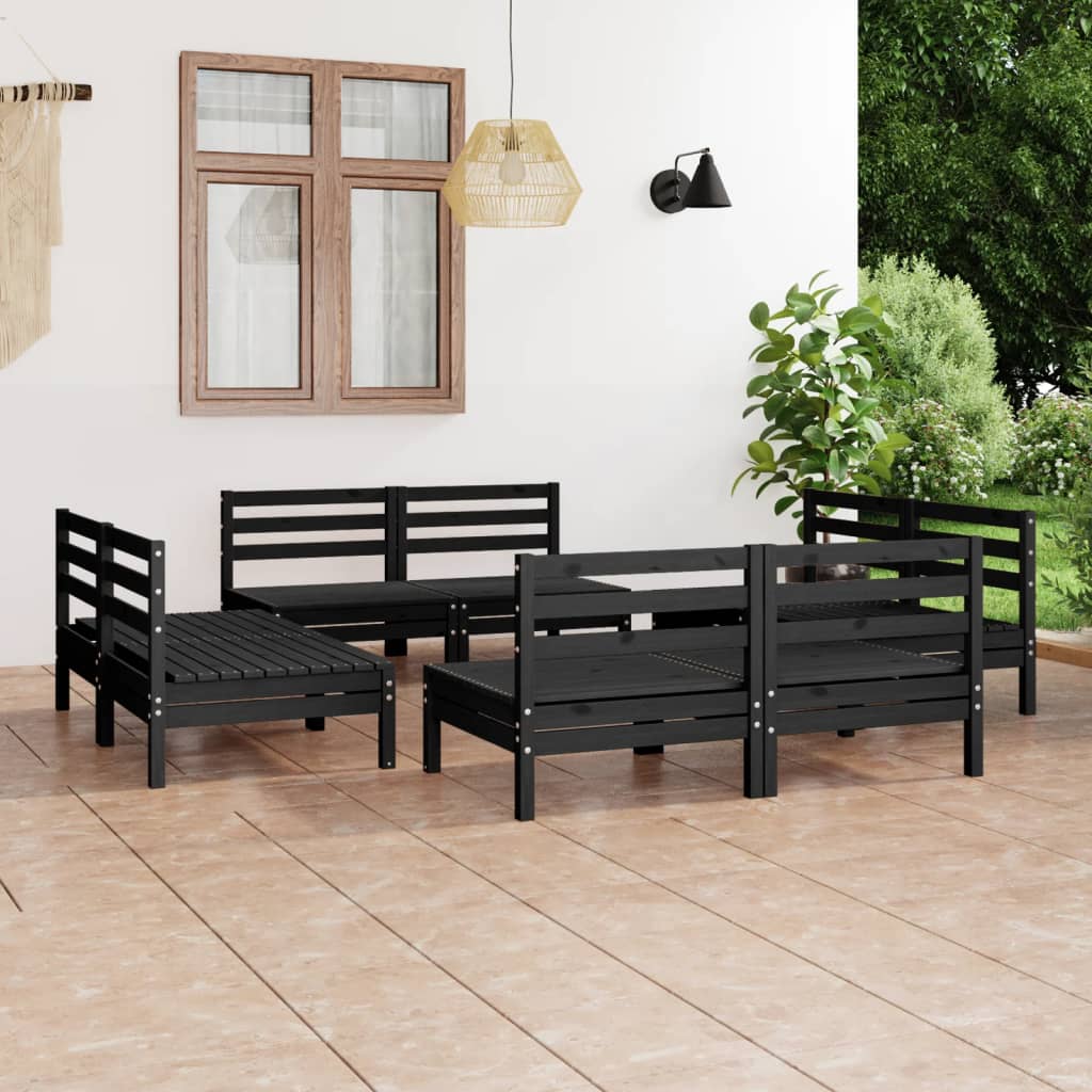 8 Piece Garden Lounge Set Black Solid Pinewood