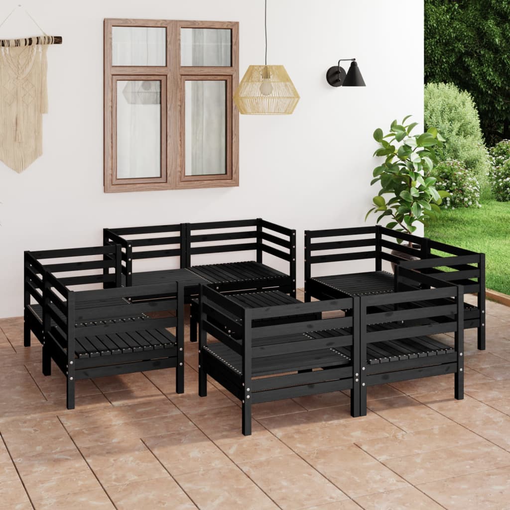 9 Piece Garden Lounge Set Black Solid Pinewood