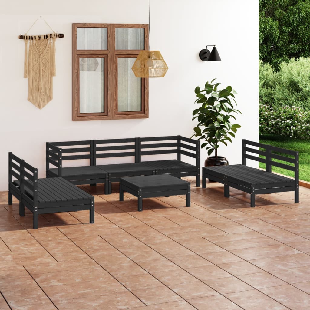 8 Piece Garden Lounge Set Black Solid Pinewood