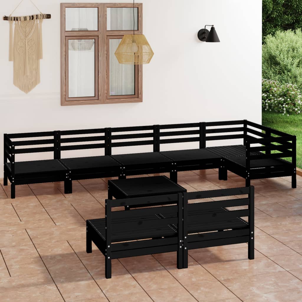 9 Piece Garden Lounge Set Solid Wood Pine Black